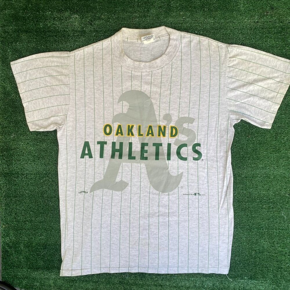 Vintage Oakland Athletics Gray Pinstripe Tee by Nutmeg Mills (Men’s Medium)